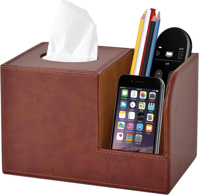 XNONE PU Leather Square Tissue Box Cover,Multifunctional Tissue Box Holder,Tissue Box with Storage,Tissue and Remote Control Holder,Tissue Box Decorative Desk Organizer for Home&Office,Brown - Image 1